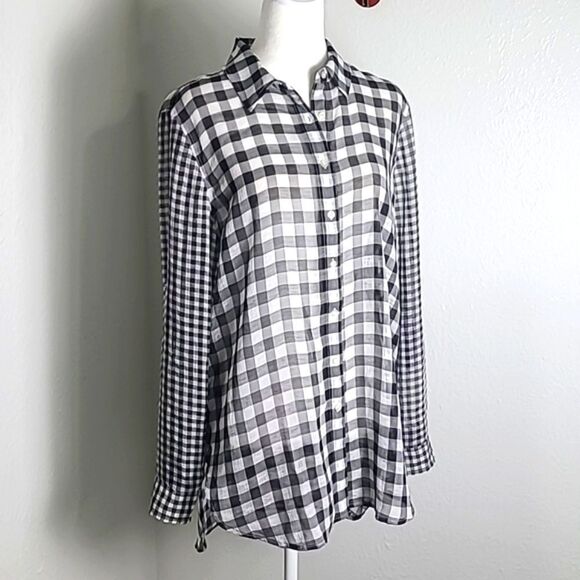 Calvin Klein High-Low Sheer Buttondown Blouse, Black & White Check, Size Medium - Picture 1 of 9